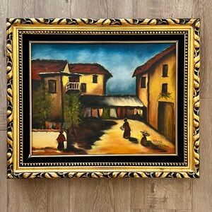 E. Dagnin Original Oil Painting, Mexico Village, Gold Coating Wood‎ Frame